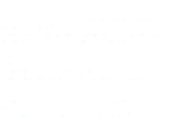 Acabados Tenemos una gran variedad de acabados de excelente calidad, presentación y durabilidad. Contamos con equipos que nos permiten llevar a cabo prácticamente cualquier tipo de producto que requiera para su proyecto. -Corte -Doblez -Encuadernado (cocido rústico o tipo hotmelt) -Engrapado. Generalmente a caballo, con dos grapas al lomo -Suajado -Plecado -Laminado. Frío o térmico y a su vez puede ser brillante o mate -Barniz UV. -Barniz en plasta o a registro con terminado mate o brillante.